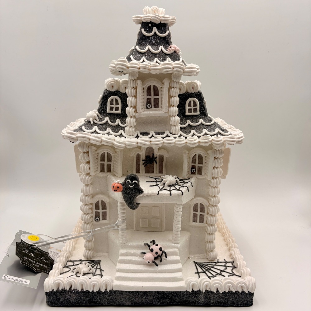 Bella Lux Halloween Haunted Gingerbread House Light Up White Black Ghost Spider